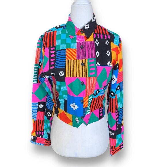 Vintage Roughrider Shirt Geometric Western Crop Top Bold Multicolor Patchwork XS - Picture 4 of 11
